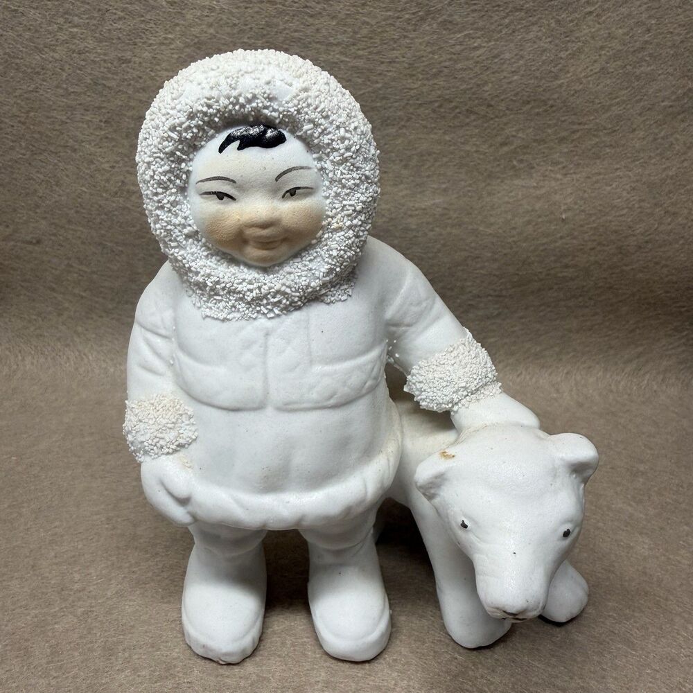 Retro Ceramic Inuit Child with Polar Bear Figurine Statue 5.5" Winter Decor